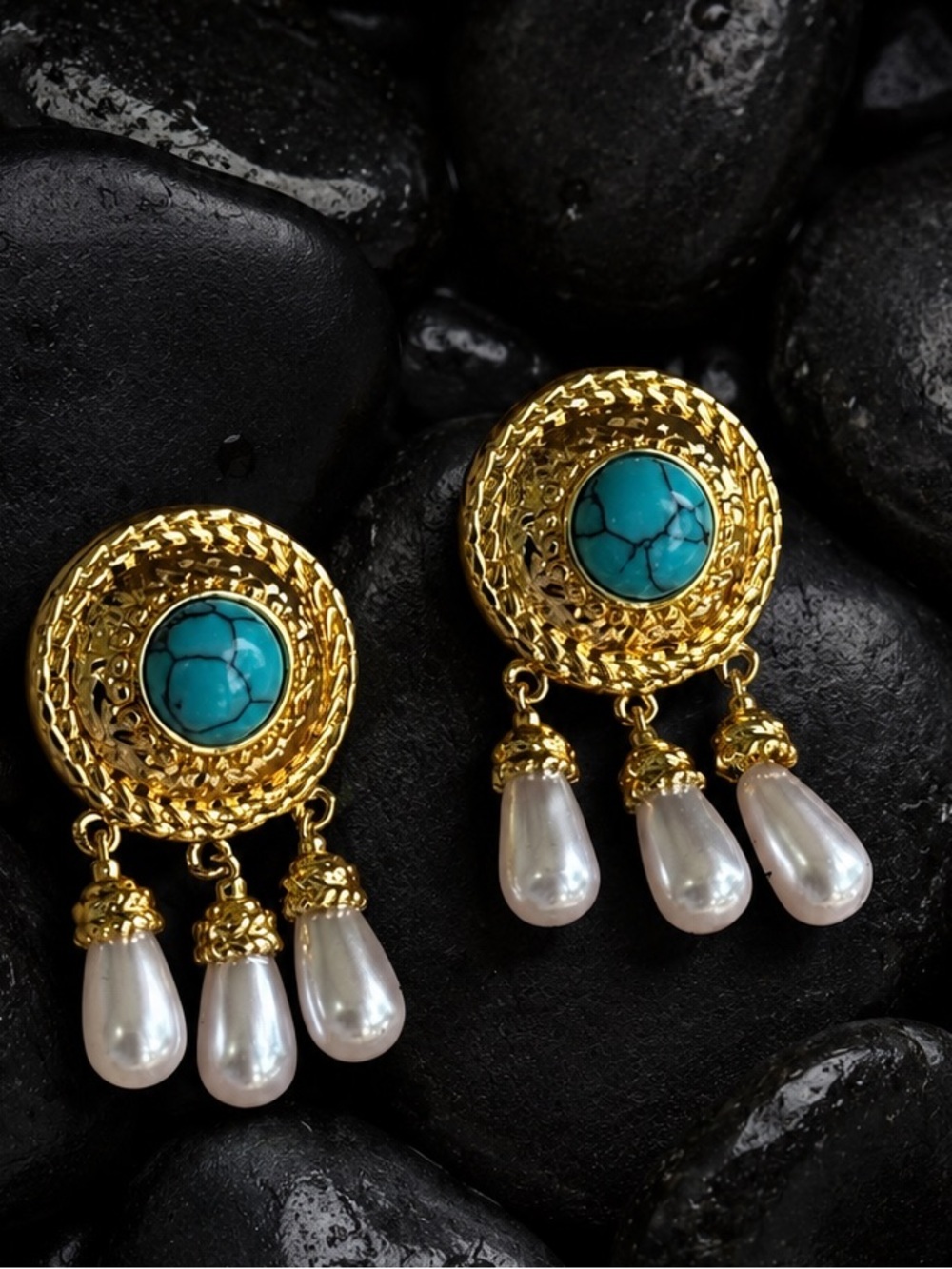 Gold Turquoise Pearl Drop Earrings